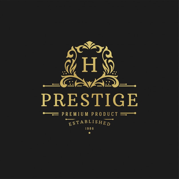 Forme reali dell'ornamento di vignette del vittoriano dell'illustrazione di vettore del modello di progettazione di logo di lusso per progettazione dell'etichetta o del logotype. Vettore Premium