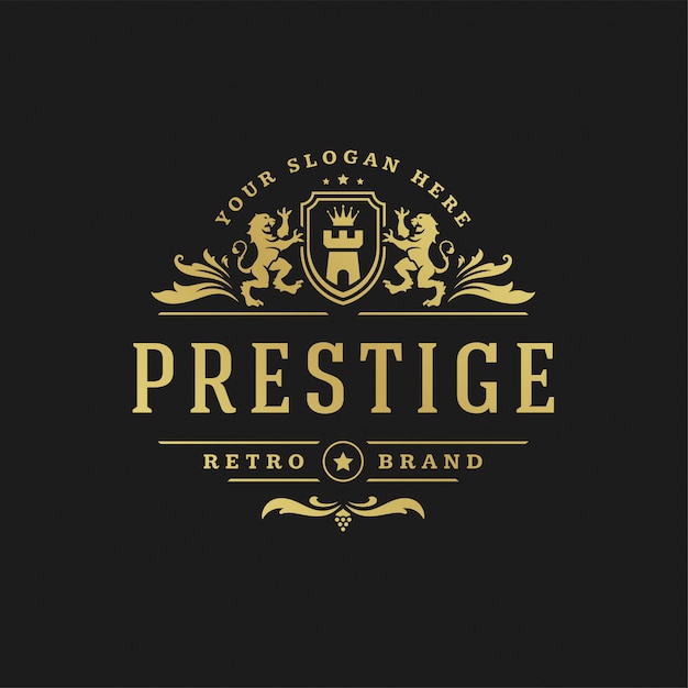 Forme reali dell'ornamento di vignette del vittoriano dell'illustrazione di vettore del modello di progettazione di logo di lusso per progettazione dell'etichetta o del logotype. Vettore Premium