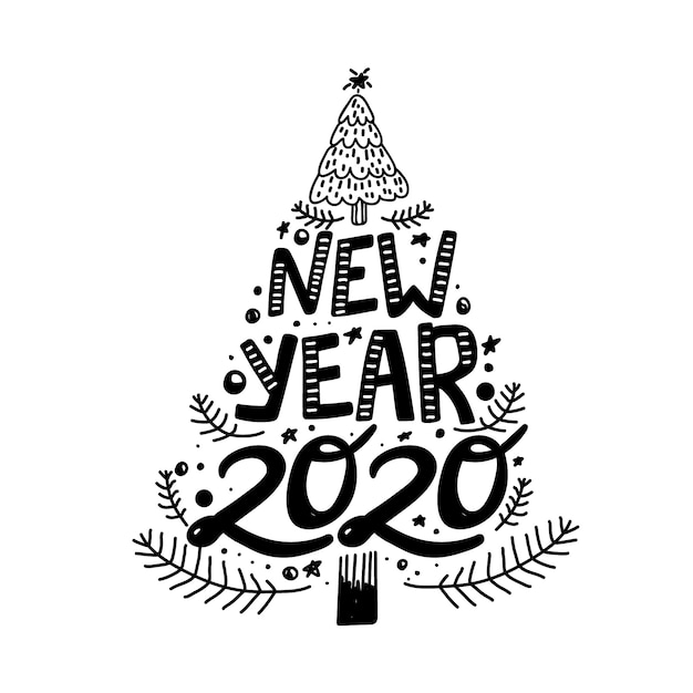 Frasi Albero Natale.Frase Di Calligrafia Felice Nuovo Anno 2020 A Forma Di Albero Di Natale Vettore Premium