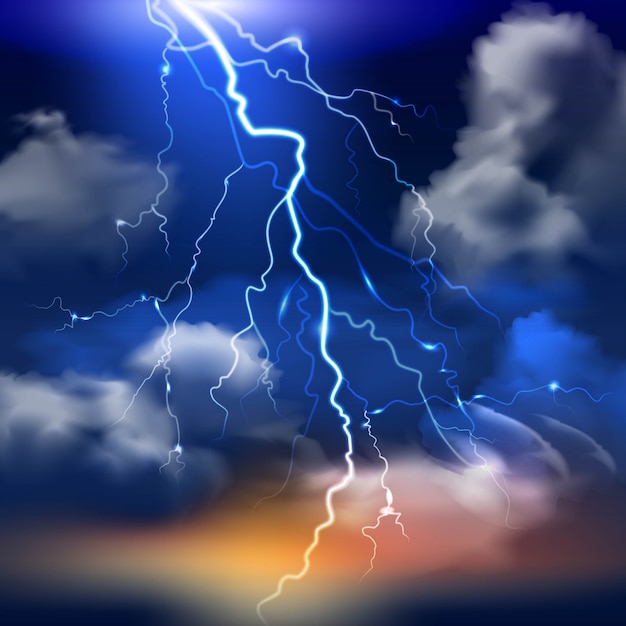 Vettore Gratis Fulmine E Cielo Tempestoso Con Nuvole Pesanti Sfondo Realistico