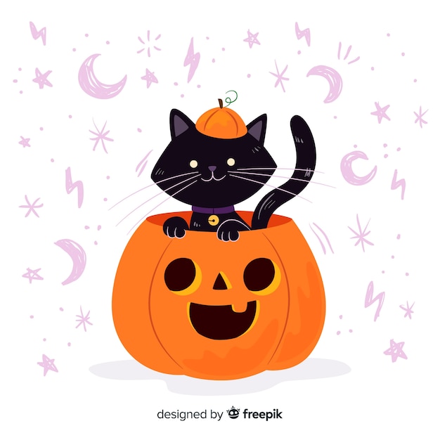 Gatto all'interno di un design piatto di zucca di halloween Vettore gratuito