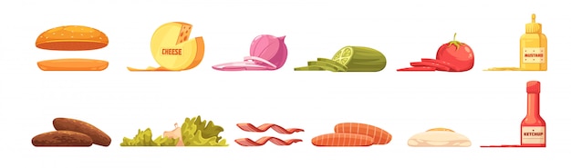 Gli elementi dell'hamburger hanno messo nel retro stile del fumetto con la salsa dell'omelette delle verdure della carne del formaggio del panino Vettore gratuito