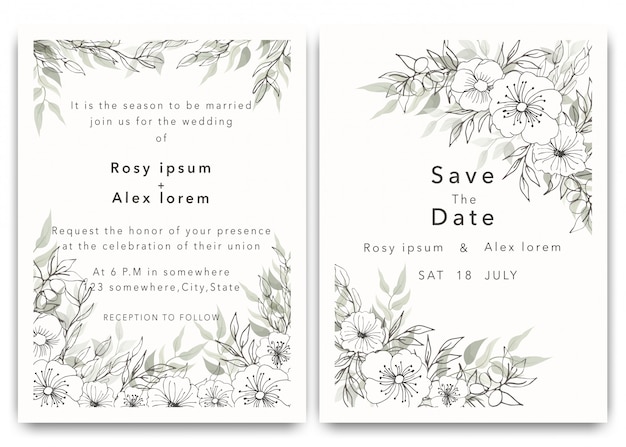 Gli inviti di nozze salvano il design della data card con l'elegante anemone da giardino. Vettore Premium