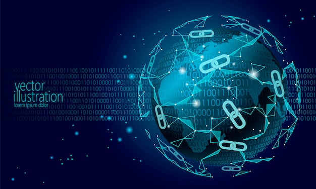 Global blockchain internazionale criptovaluta, planet space low poly Vettore Premium