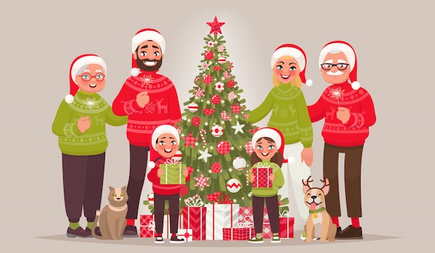 Immagini Natale In Famiglia.Grande Famiglia Gioiosa Vicino All Albero Di Natale Buon Natale E Felice Anno Nuovo Vettore Premium