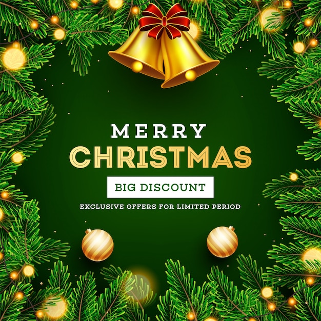 Buon Natale Jingle Bells.Grande Offerta Di Sconto Per Il Poster O Modello Di Vendita Di Buon Natale Con Jingle Bell Dorato Foglie Di Pino Palline E Ghirlande Luminose Decorate Su Verde Vettore Premium