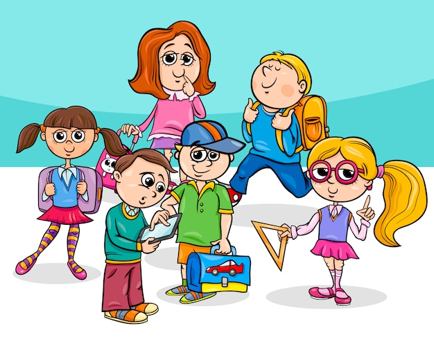 Gruppo di bambini di scuola elementare del fumetto | Vettore Premium