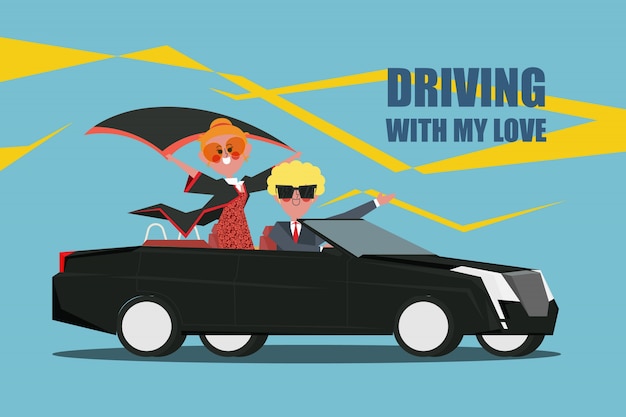 Guidare con il mio amore coppie guidare un auto convertibile carattere stile design piatto Vettore gratuito