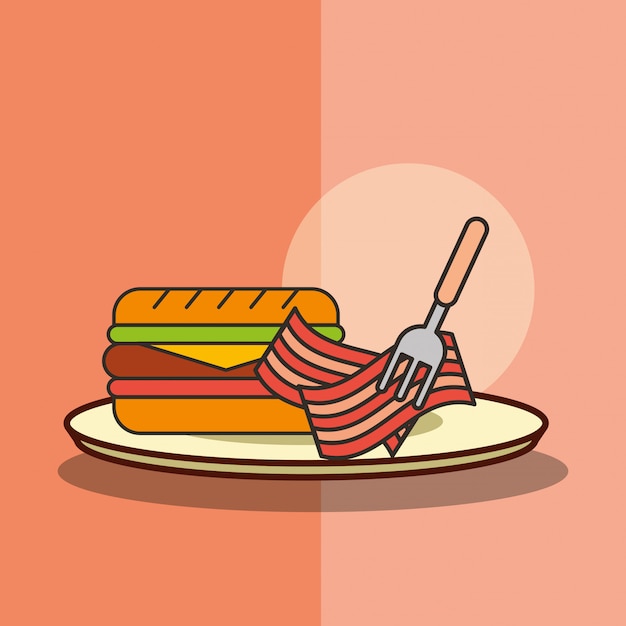 Hamburger e pancetta affumicata del fast food con la forcella in piatto Vettore Premium