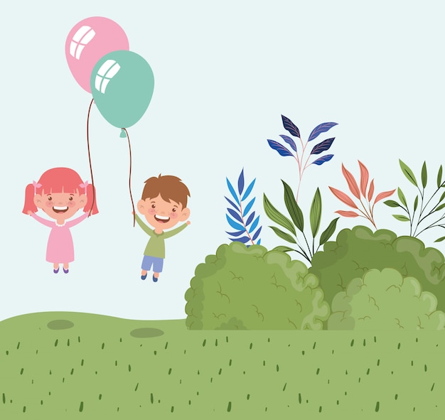 I bambini felici con l'elio dei palloni nel campo abbelliscono Vettore gratuito