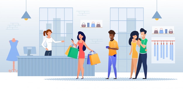 I clienti fanno la coda al registratore di cassa nel negozio di abbigliamento Vettore Premium