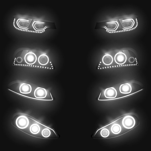 I fari anteriori e posteriori dell'automobile che emettono luce l'oscurità nell'insieme realistico di oscurità isolato su fondo nero. Vettore gratuito