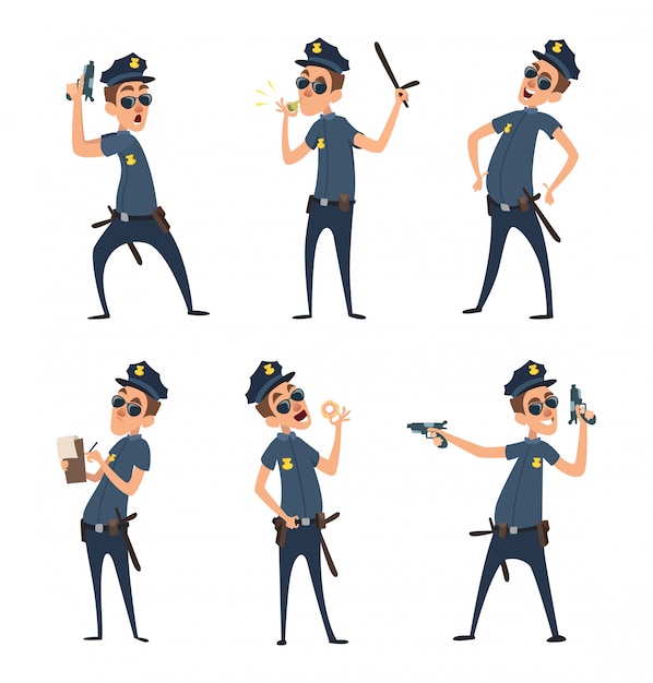 I poliziotti in diverse pose di azione. gli uomini della sicurezza in stile cartoon Vettore Premium