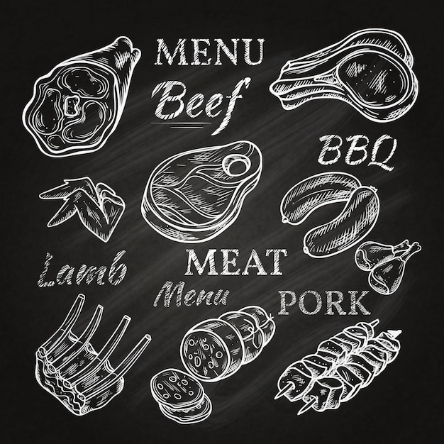 I retro disegni del menu della carne sulla lavagna con i prodotti gastronomici degli spiedi del prosciutto di maiale della carne di maiale della salsiccia di tagli di agnello hanno isolato l'illustrazione di vettore Vettore gratuito