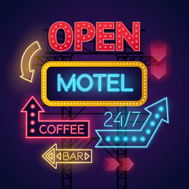 I segni luminosi al neon d'ardore variopinti per il motel e il caffè hanno messo su fondo blu scuro Vettore gratuito