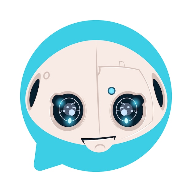 Icona della testa del robot nel concetto blu del bot di chiacchierata di sostegno del fumetto Vettore Premium