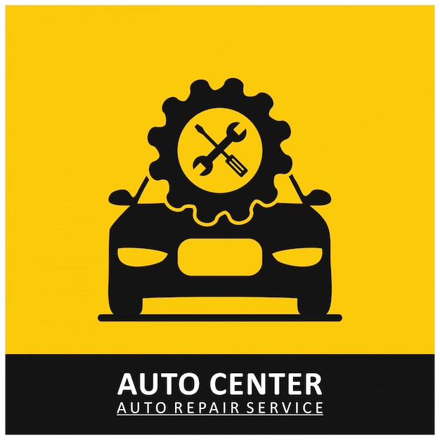 Icona di attrezzo di riparazione automatica del centro auto con gli attrezzi e la priorità bassa gialla dell'automobile Vettore gratuito