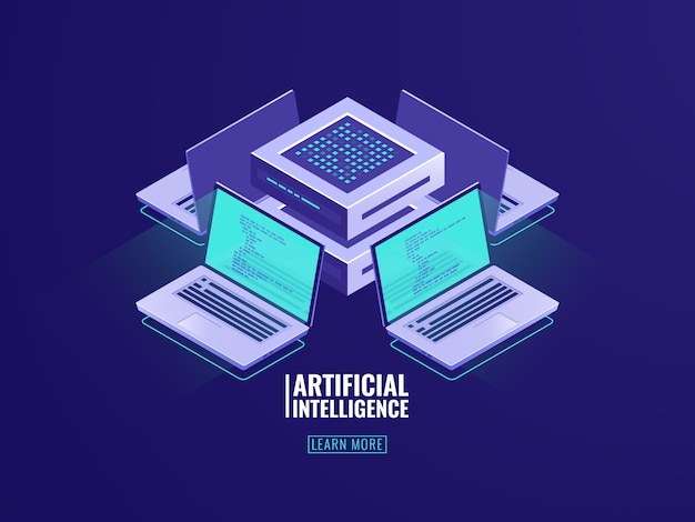 Icona di tecnologia blockchain isometrica, concetto di stanza del server con laptop e codice di programma Vettore gratuito