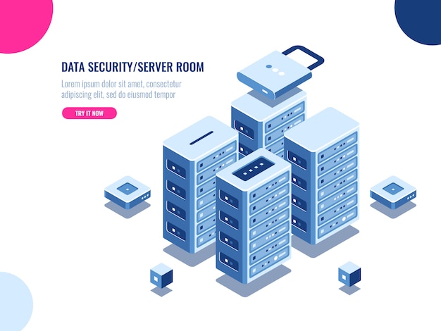 Icona isometrica del server room, centro dati e database isometrica, server rack farm Vettore gratuito