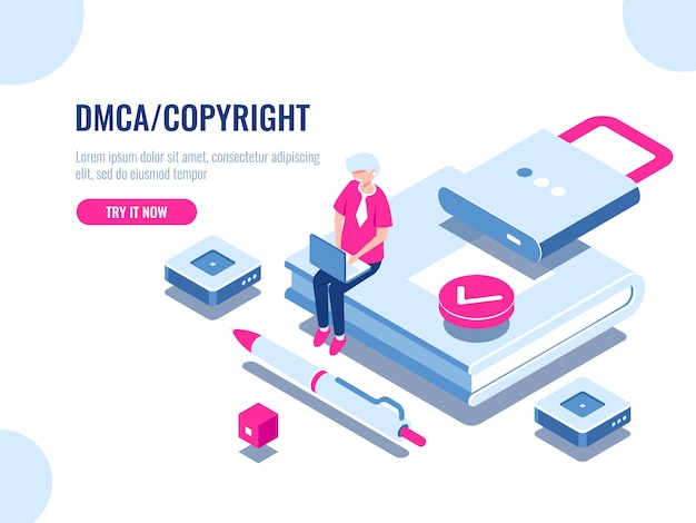 Icona isometrica di copyright dei dati dmca, sicurezza dei contenuti, libro con serratura, contratto digitale elettronico Vettore gratuito
