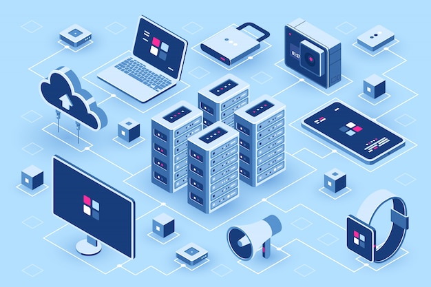 Icona isometrica di tecnologia informatica, stanza del server, insieme del dispositivo digitale, elemento per progettazione, computer portatile del pc Vettore gratuito