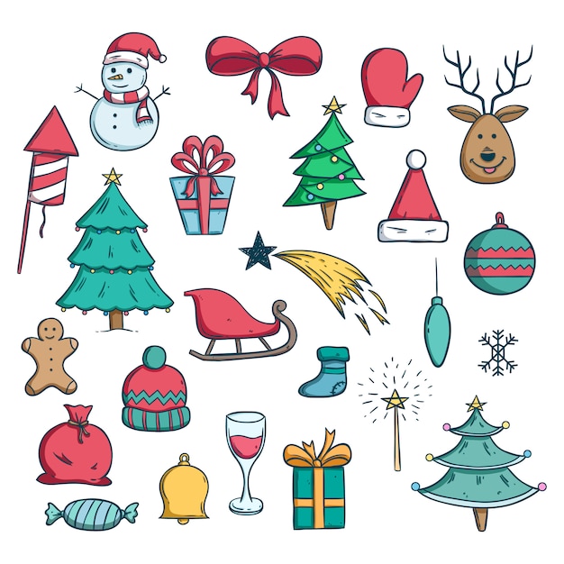 Immagini Colorate Di Natale.Icone Colorate Di Natale Con Stile Doodle Su Sfondo Bianco Vettore Premium