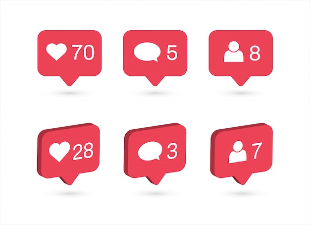 Icone di notifiche dei social media. mi piace, commenta, segui l'icona. Vettore Premium