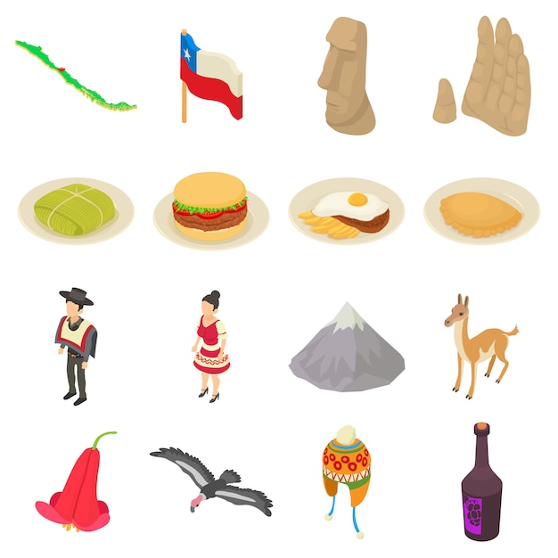 Icone di viaggio del cile impostate. un'illustrazione isometrica di 16 icone di vettore di viaggio del cile per il web Vettore Premium