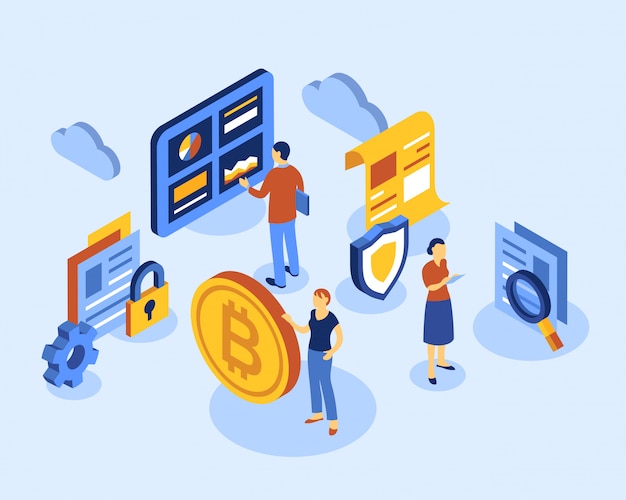 Icone isometriche di tecnologia bitcoin di criptovaluta Vettore Premium