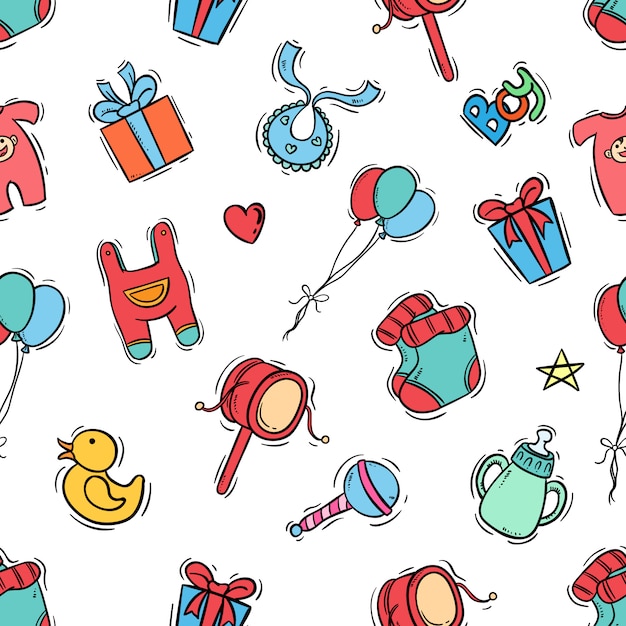 Icone per bambini in seamless con stile doodle colorato Vettore Premium