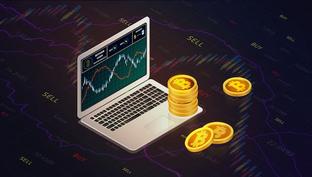 Il computer portatile con i contanti del bitcoin del grafico di contanti del bitcoin conia il concetto isometrico delle monete. grafico commerciale con Vettore Premium