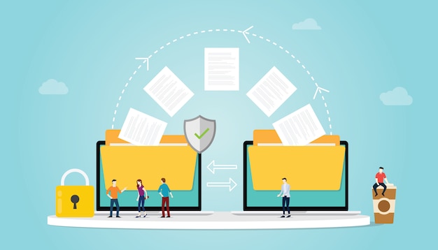 Il concetto di trasferimento file con la cartella e il trasferimento di file si sposta con sicurezza e lucchetto e team di persone con un moderno stile piatto Vettore Premium