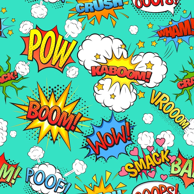 Il discorso dei fumetti e l'asta di esclamazioni wow bolle modello senza cuciture delle nuvole con fondo verde intenso Vettore gratuito