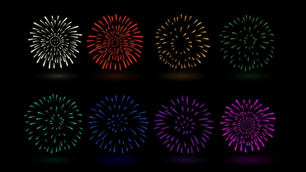 Il fuoco d'artificio vector il colore multiplo nella raccolta. ideale per il design di festival e celebrazioni. Vettore Premium