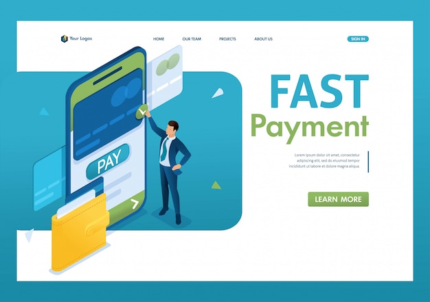 Il giovane effettua un pagamento online tramite un'applicazione mobile. pagamento veloce 3d isometrico. Vettore Premium