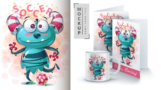 Il mostro gioca a calcio illustrazione e merchandising Vettore Premium