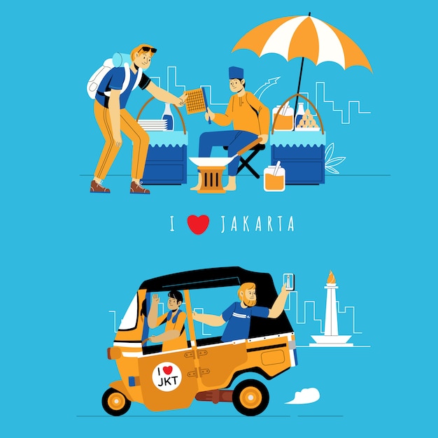 Il turista che viaggia esplora jakarta indonesia Vettore Premium