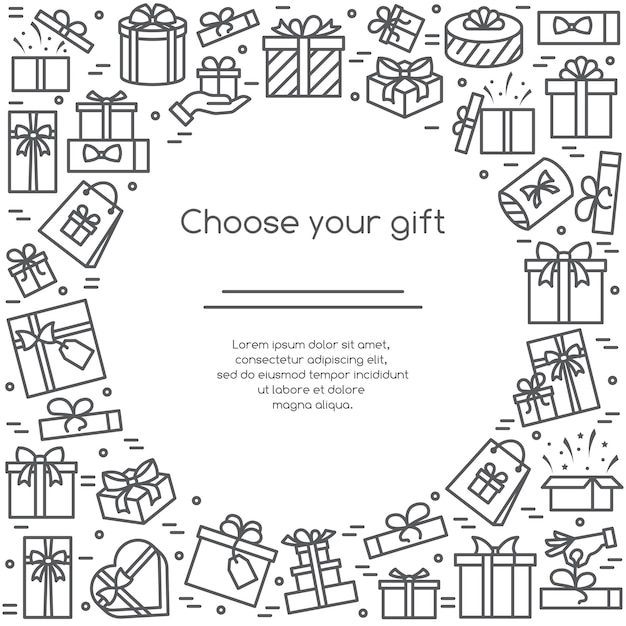 Illustrazione banner con pittogrammi di scatole regalo avvolto e decorato Vettore Premium