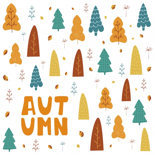 Illustrazione con alberi, foglie e scritte a mano autunno in stile cartoon. Vettore Premium