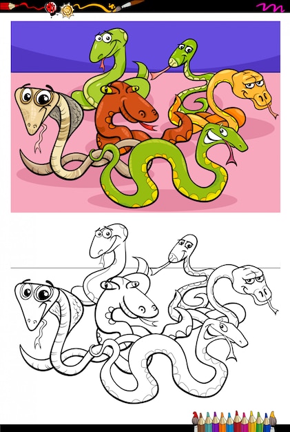 Illustrazione del fumetto del libro da colorare divertente dei serpenti Vettore Premium