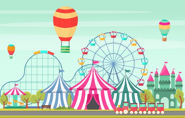 Illustrazione del paesaggio della fiera di divertimento di festival di carnevale del circo del parco di divertimenti Vettore Premium