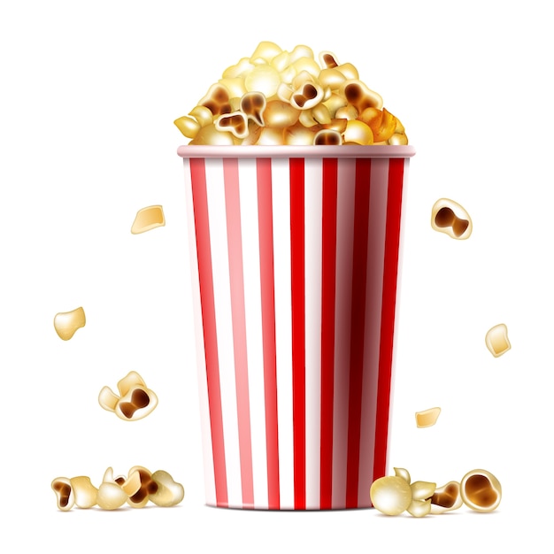 Illustrazione del secchio del popcorn della tazza a strisce realistico 3d con spuntino dolce o salato popcorn Vettore gratuito