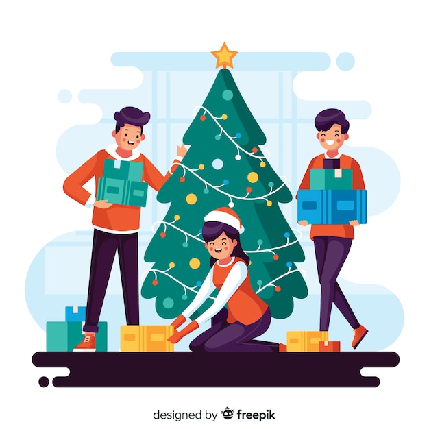Illustrazione della gente che decora un albero di natale Vettore gratuito