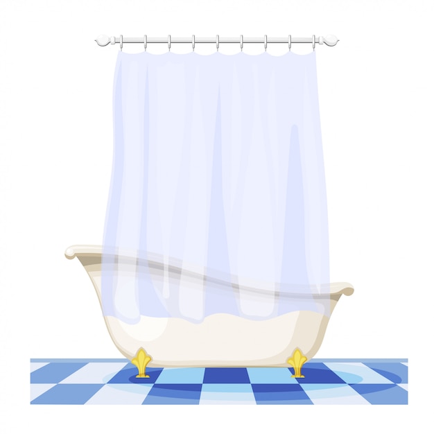 Illustrazione della vasca da bagno d'epoca con una tenda sul pavimento di piastrelle. bagno di arredamento bagno retrò con tenda, impianto igienico Vettore Premium