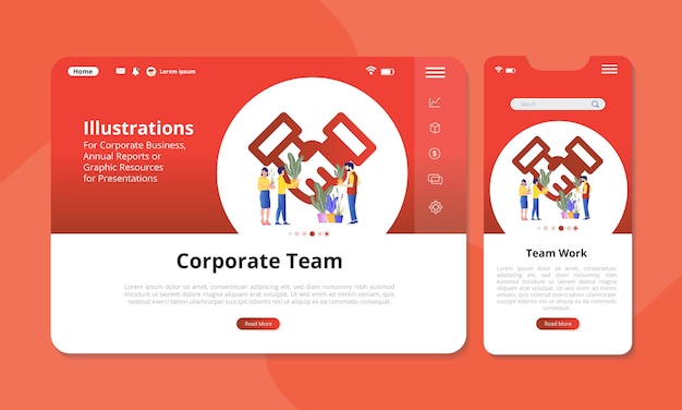 Illustrazione di lavoro di squadra sullo schermo per web o display mobile. Vettore Premium