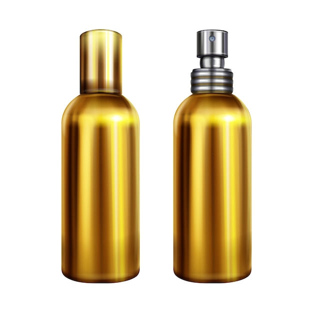 Illustrazione di spruzzo di profumo di bottiglia d'oro metallico o contenitore con tappo spruzzatore d'argento Vettore gratuito
