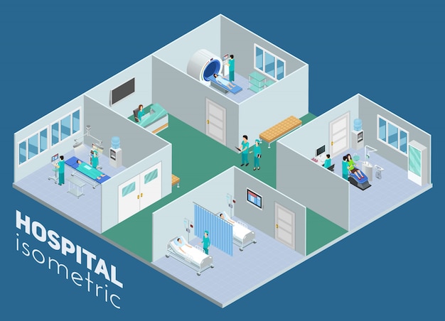 Illustrazione di vettore dell'estratto del manifesto di rianimazione di mri di vista interna dell'ospedale di vista isometrica dell'ospedale e di vettore dell'intestazione del reparto di cure intensive Vettore Premium