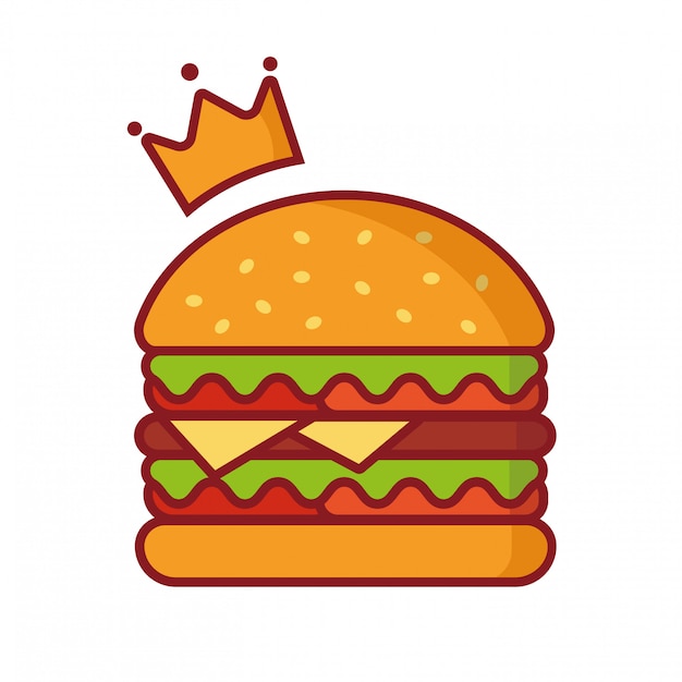 Illustrazione di vettore dell'hamburger, illustrazione semplice dell'elemento, hamburger di re con il vettore di logo della corona Vettore Premium