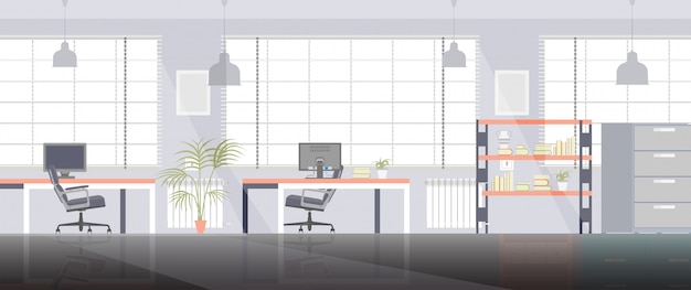Illustrazione interna di affari piani dello spazio della stanza di ufficio lavoro interno con sedia e computer Vettore Premium