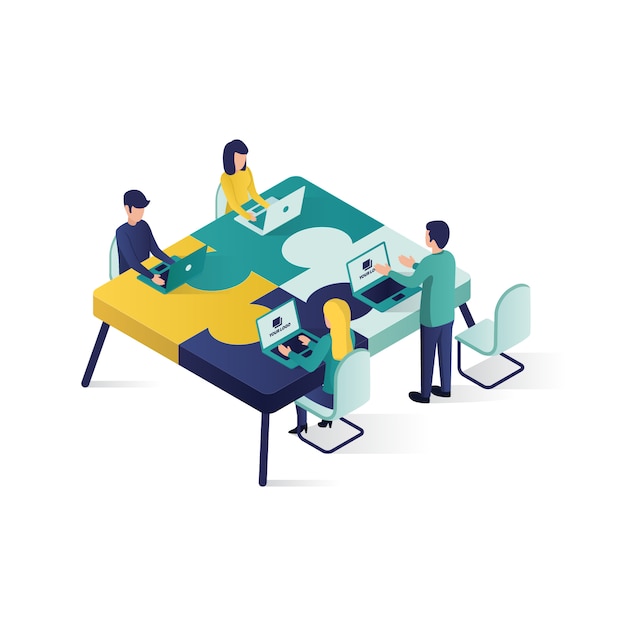 Illustrazione isometrica di concetto di associazione di cooperazione dell'illustrazione di concetto di lavoro di squadra nello stile isometrico. Vettore Premium